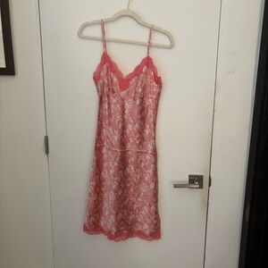 NWT Vintage Y2K Gold Hawk 100% Silk Midi Dress Sleeveless Slip Print Lace Pink